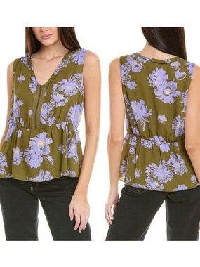 CAbi celebrity Olive Green and Purple Floral Blouse